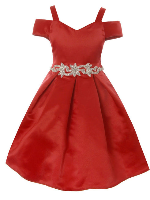 Satin Flower Girl Dress with Cold Shoulder and Pleated Skirt, Sizes 2-14 - SophiasStyle.com